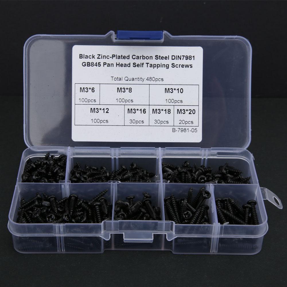 480Pcs Self Tapping Screw Pan Round Head Carbon Steel Fittings M3 Black Nickel Plating(Carbon Steel Black )