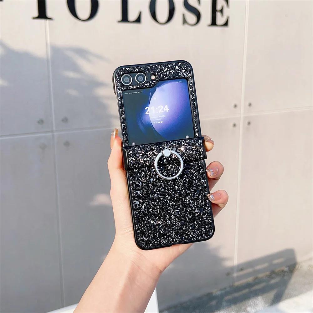 Ring Diamond Sparkling Powder Phone Case for Samsung Galaxy Z Flip 6 5 4 3 Flip6 Flip5 Flip4 Flip3 Protective Shockproof Cover