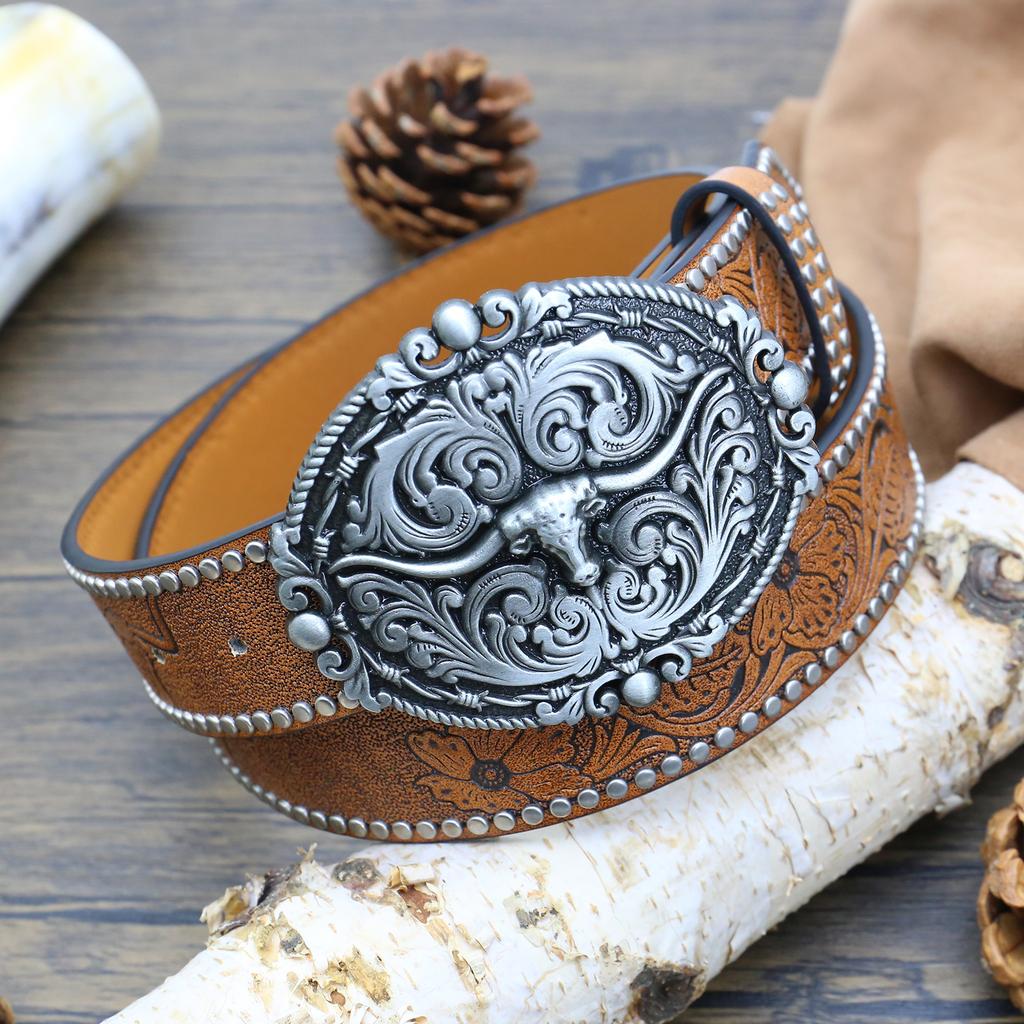 Western Denim Belt Bull Head Big Board Buckle Retro Edge Beads Men'S Punk Hip Hop Pu Leather Belt