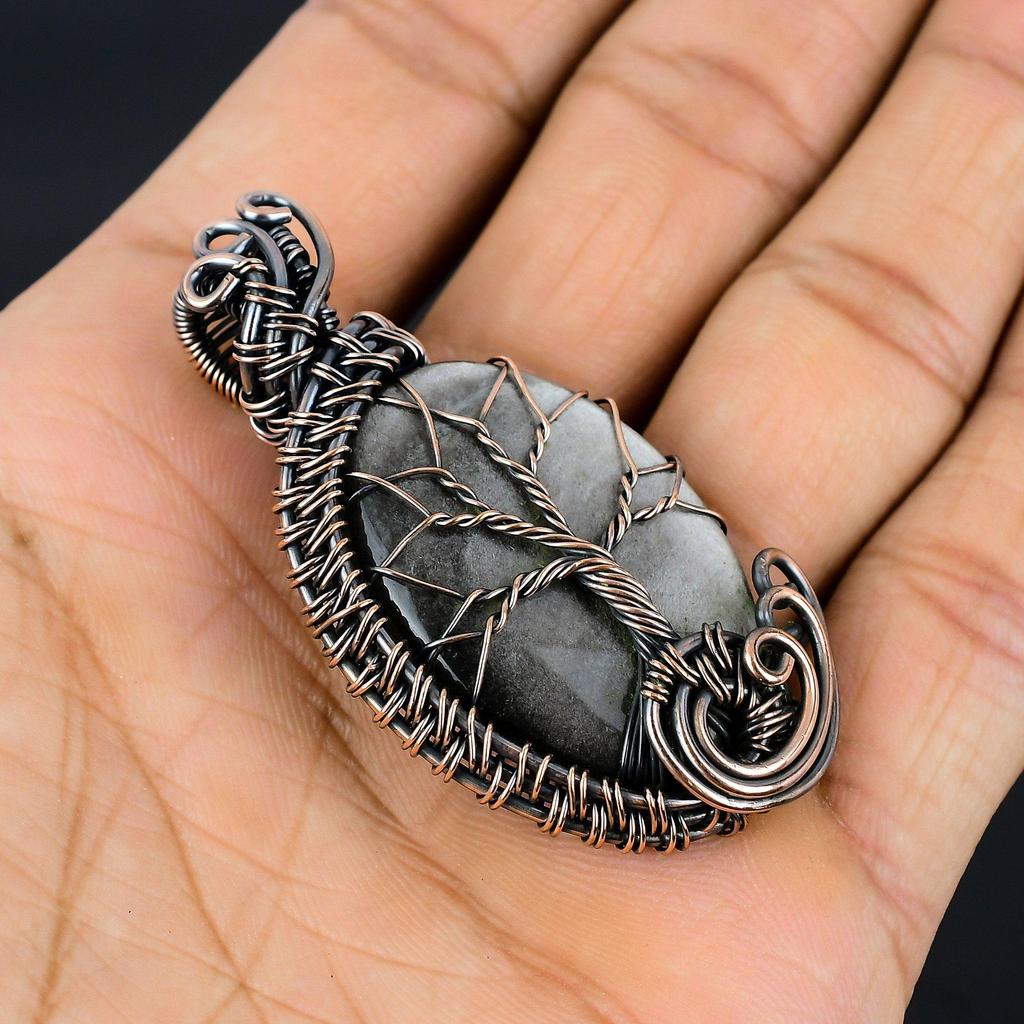 Silver Sheen Obsidian Pendant, 999 Copper Wire Wrapped Pendant Handmade Gemstone Jewelry, Gifts For Wife Brand New Pendant