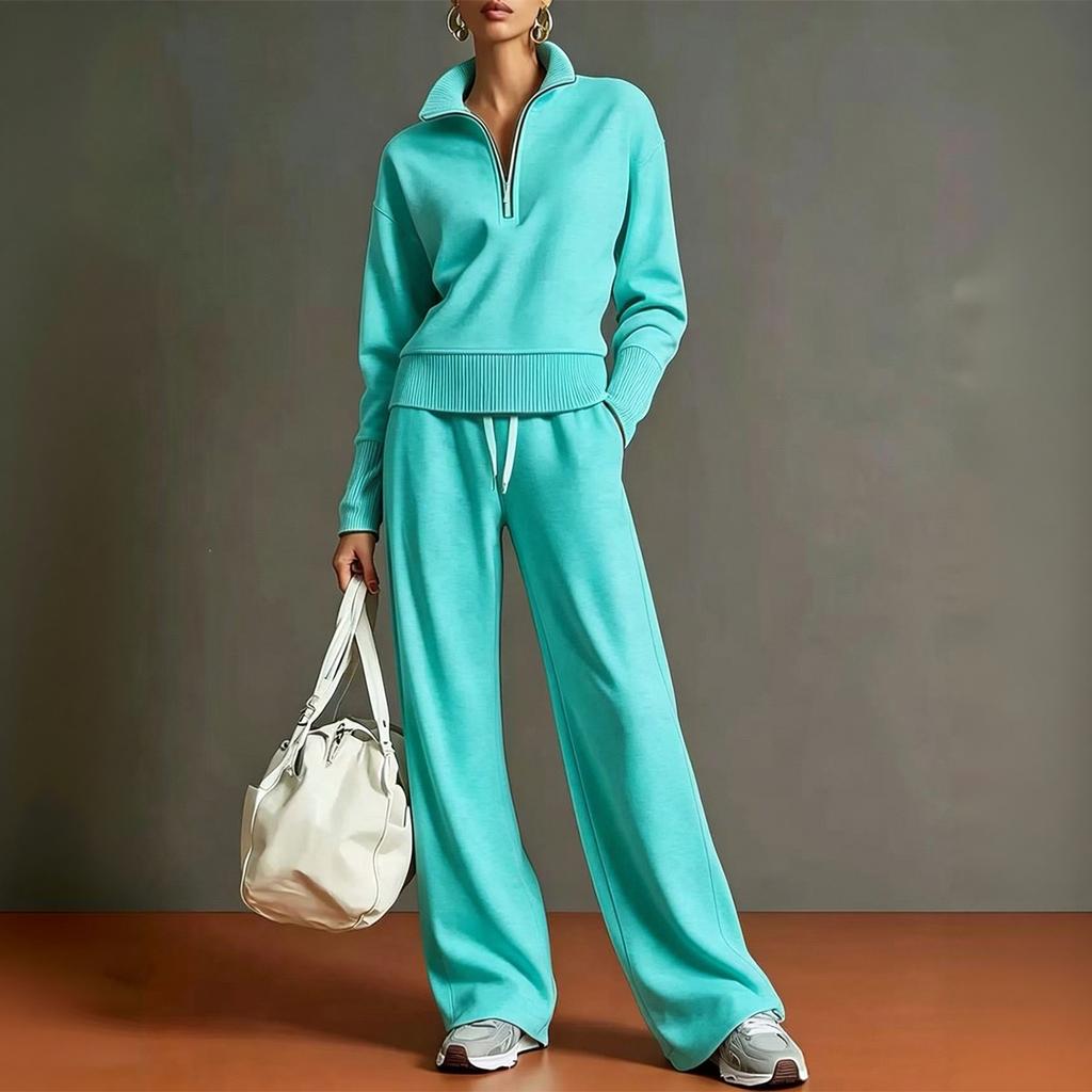 Conjunto de Dos Piezas de Punto para Mujer Suéter con Media Cremallera Manga Larga Cuello Plegable Pantalones de Pierna Ancha Conjunto para Estar en Casa