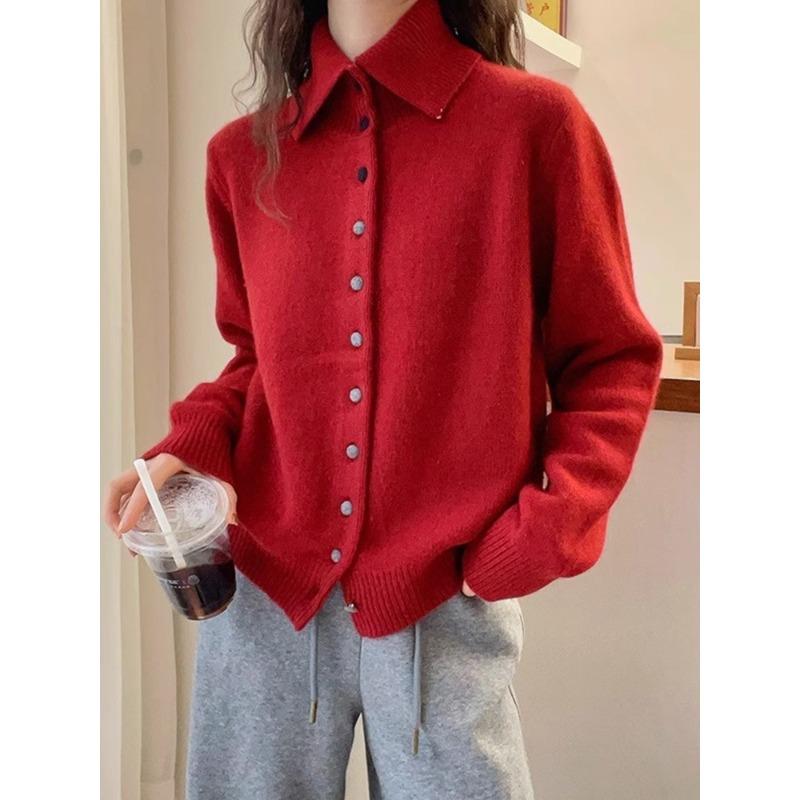 

Вязаный кардиган с лацканами, красочная пряжка, новый осенне-зимний, ленивый ветер, свободный повседневный свитер-жакет для женщин average size