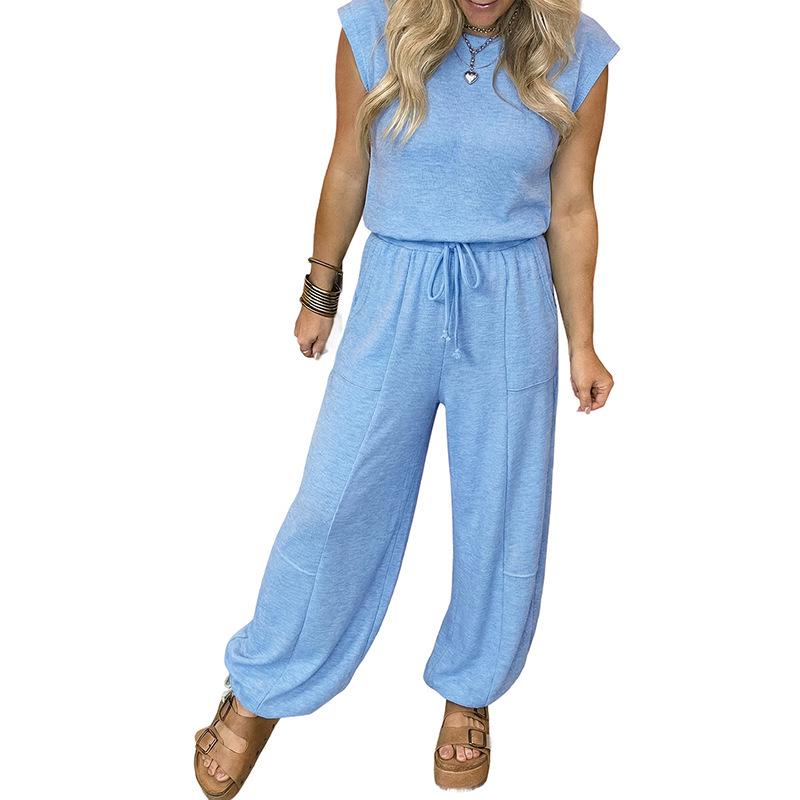 

2026 Summer Solid Color Women s Casual Two-Piece Set: European American Style, Drawstring, Loose Fit, Short Sleeve Size M