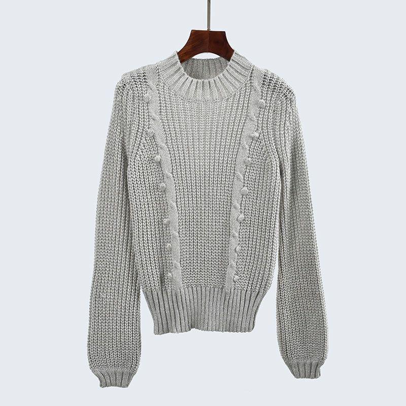 Export Single Autumn Crew Neck Knitting Sweater Silver Thread Stitching Silm Long Sleeves Fashion Style Pullover Bottoming Shirt Women's Clothing