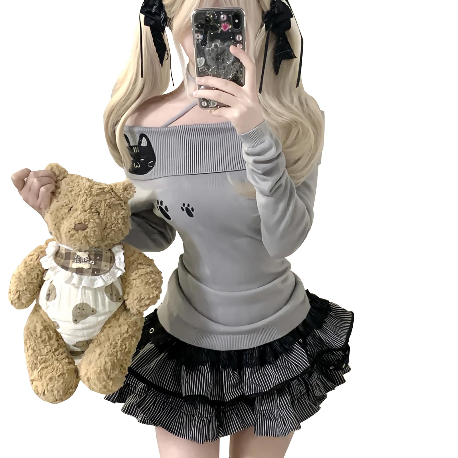 

YEMOCILE Cat Print Knit Long Harajuku Korean Princess Fall Women s Sweater, Embroidered, One-Shoulder, Off-the-Shoulder, Ribbon, Sleeve, Pullover,