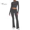 2 Pcs/Set Women Top Pants Suit Skinny High Waist O Neck Long Sleeves Pure Color Stretchy Soft Breathable Yoga Bell Bottoms T-shirt Set Spring Summer