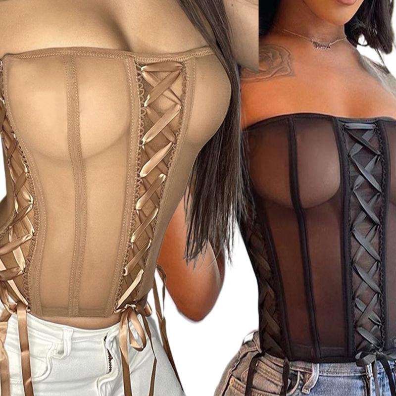 Vest Tops For Women Sexy See Through Bustier Corset Strapless Crop Tops Boned Corset Sexy Tube Top Perspective Style