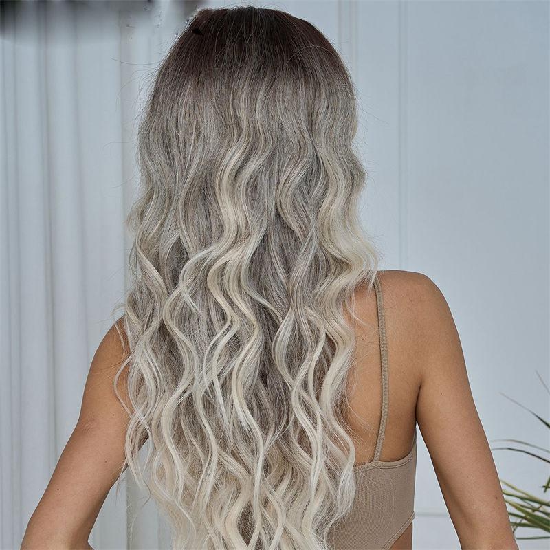 Cover Wig Female Eight-Word Bangs Big Wave Full Head Gray Long Black Gradient Curly Hair