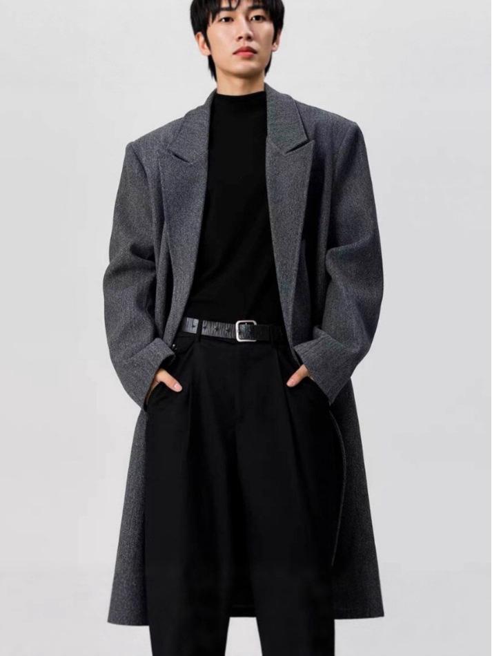 Men's Black Wool Trench Coat - Korean Style, Mid-Length, Over-the-Knee for 2025 Spring/Autumn