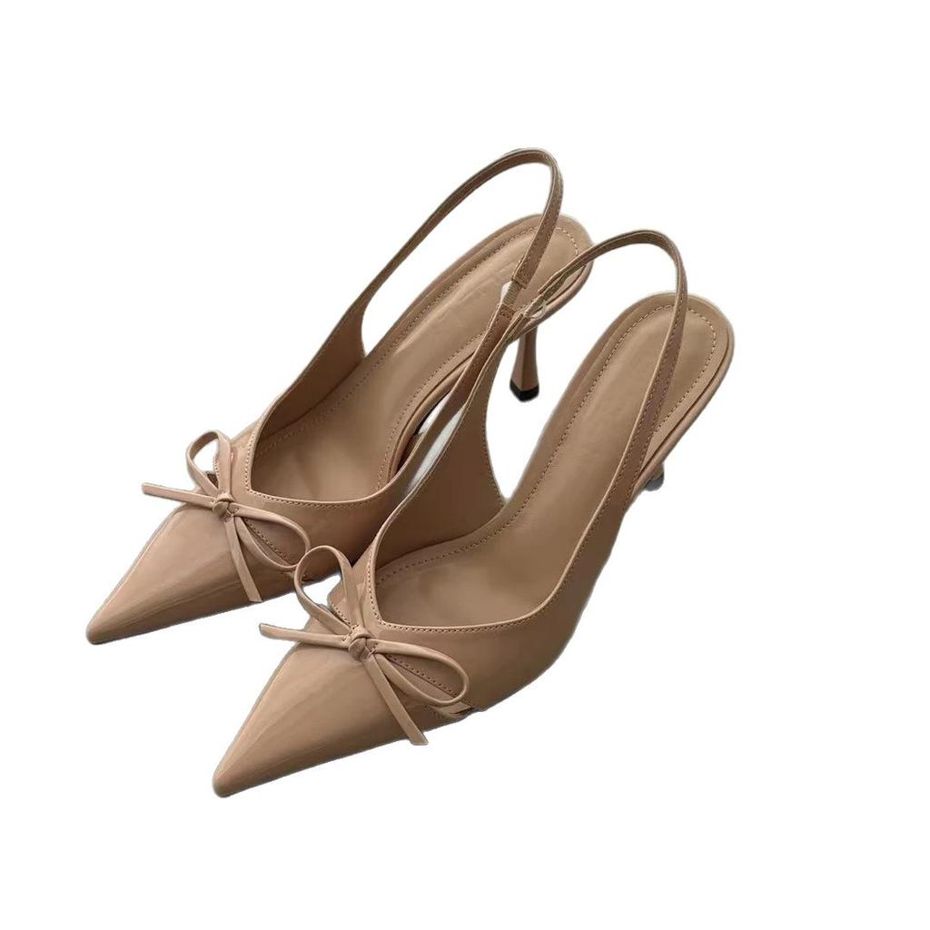 French pointed nude high heels 2025 new bow bag head sandals women's spring and summer fine heel patent leather shoes
