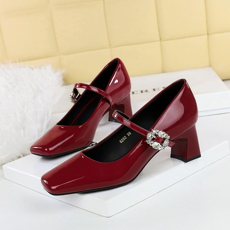 Fashion Mary Janes Women's 2025 Summer Shoes Square Toe Shallow Dress Pumps Women Buckle Strap Crystal 5CM Med Heel Shoes Ladies