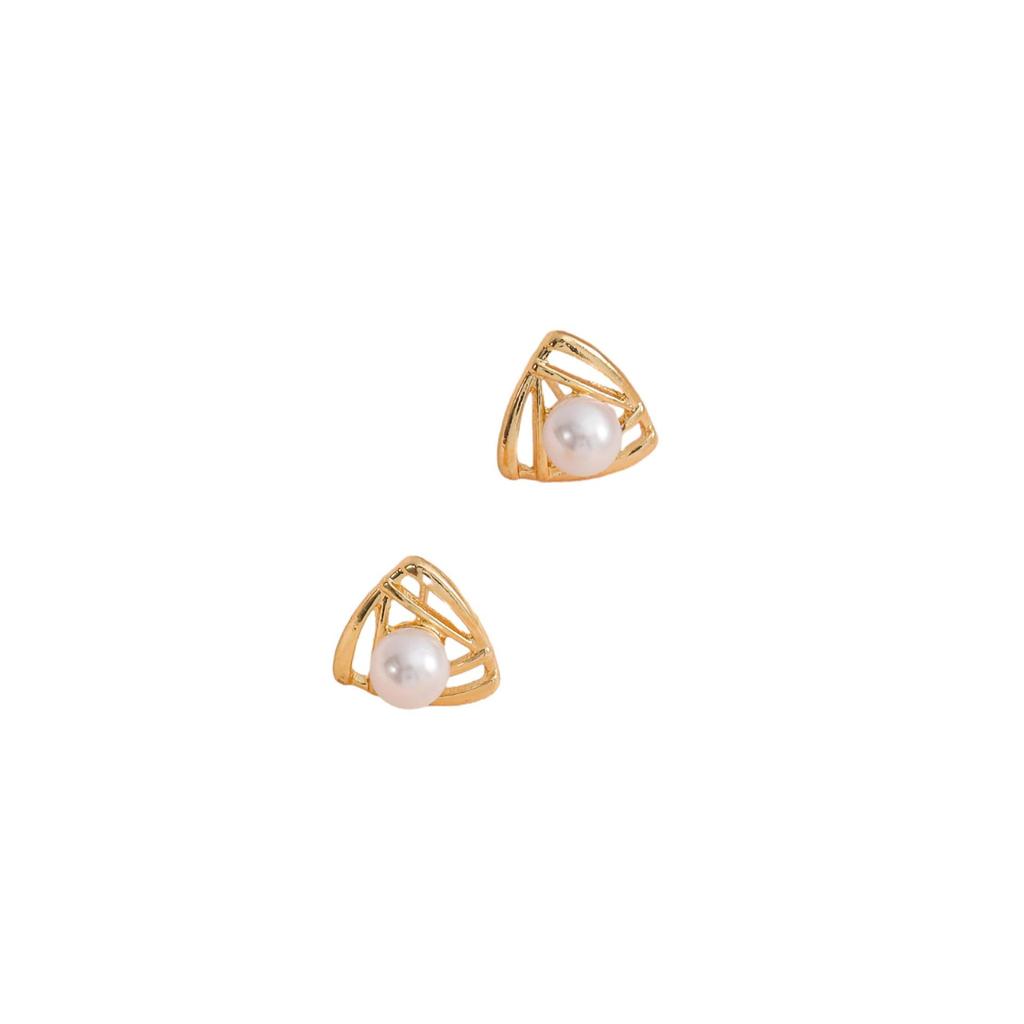 Geometric Triangle Stud Earrings with Pearl Accent and Embedded Crystals Lightweight Vintage Style Fashion Jewelry for Women