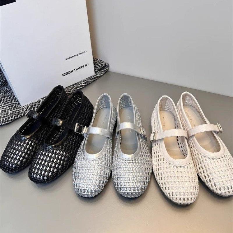 Women's Summer Weaving Casual Flats Shoes Comfortable Round Toe Cut-out Mary Jane with Straight Buckles Fishnet Sandals
