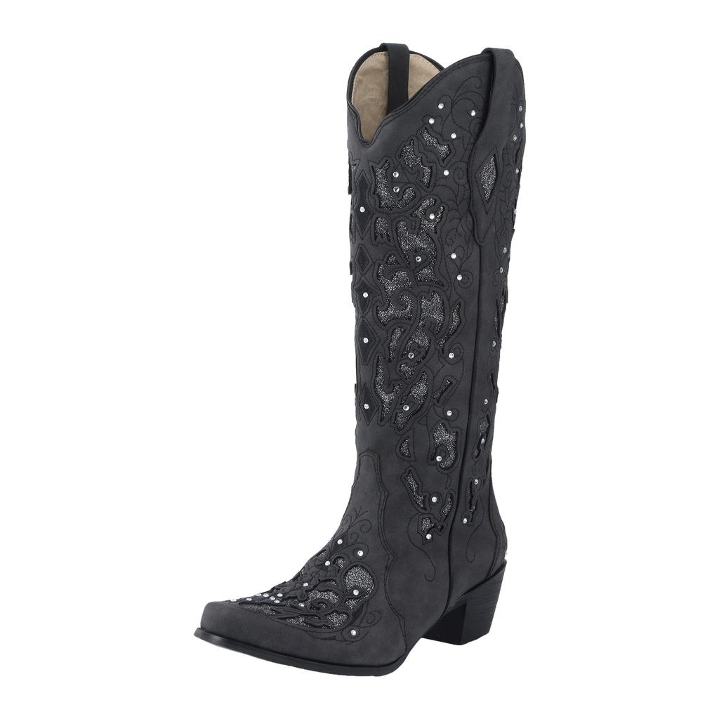 For Women Low Western Rhinestone Heel Boots High Rodeo Knee Studded Extra Wide Calf Boots for Women plus Size Leather