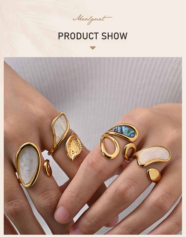 Abalone Shell Ring Natural Mother of Pearl Gold Plated Adjustable Open Irregular Geometric French Vintage Summer Beach Jewelry