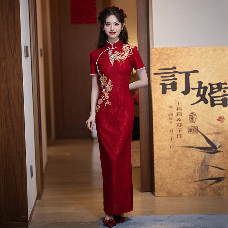 Phoenix Embroidery Red National Style New Chinese Long Sleeve Improved Cheongsam Women's Premium Bridal Toast Engagement Dress