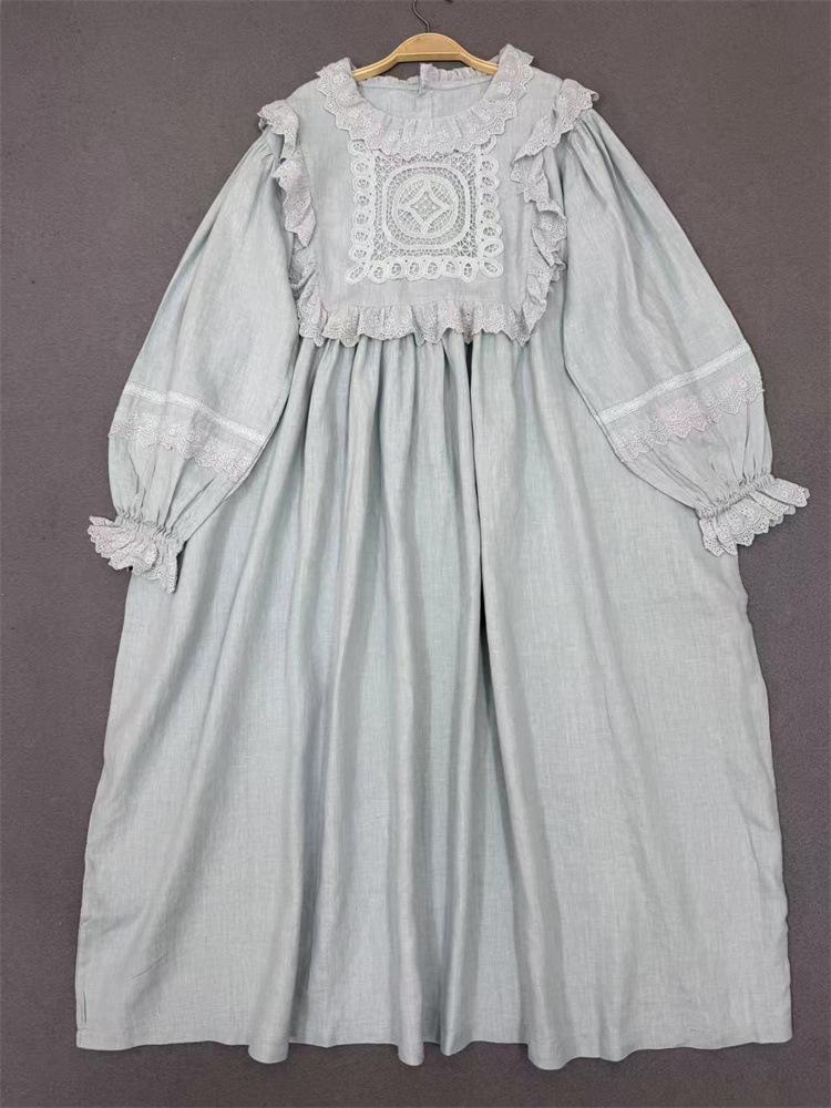 

Johnature Forest-style Lace Collar Patchwork Lace Dress Spring Lantern Sleeve Long Dresses For Women One Size синій