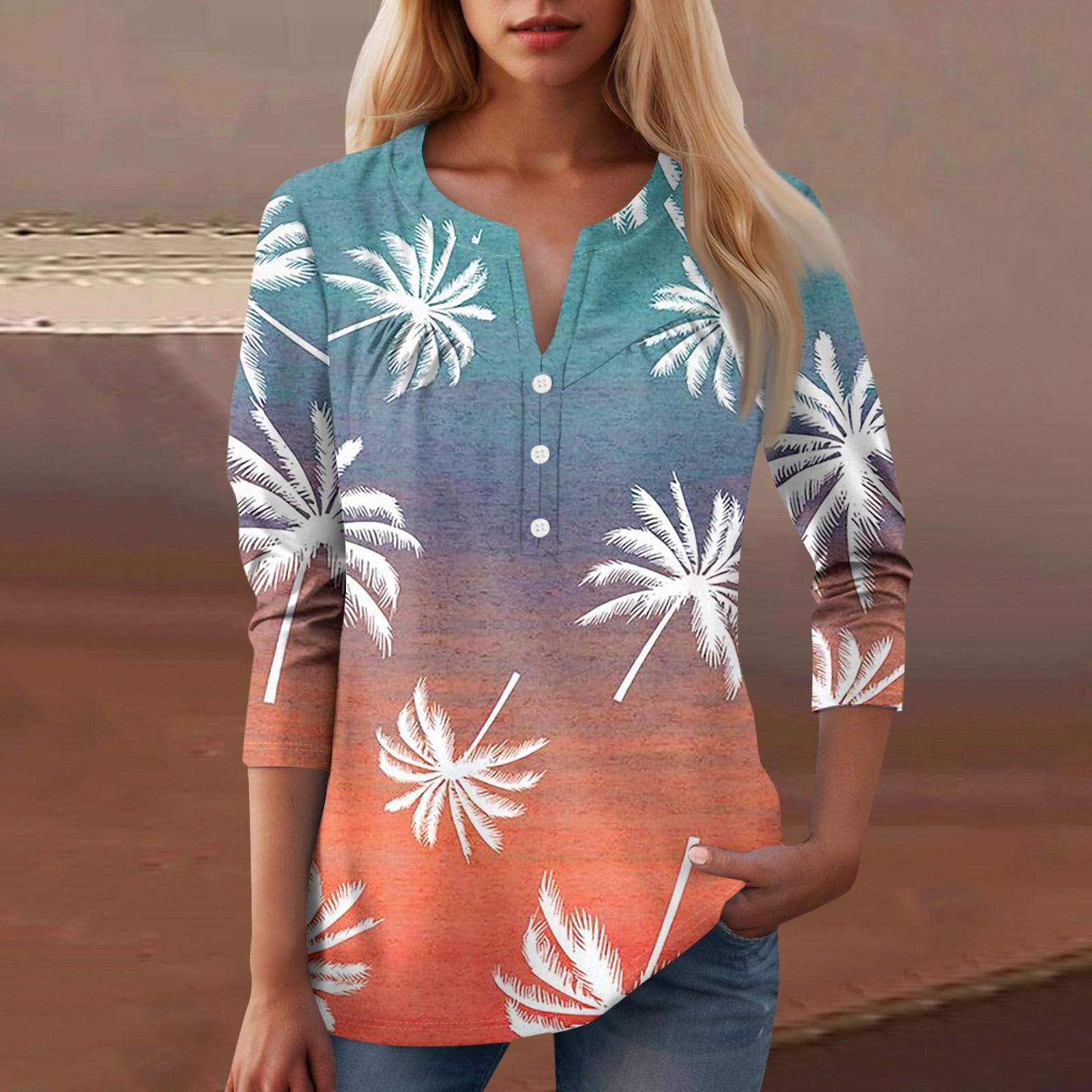 

Жіноча повсякденна футболка з V-подібним вирізом та декоративними ґудзиками з квітковим принтом XXL синій