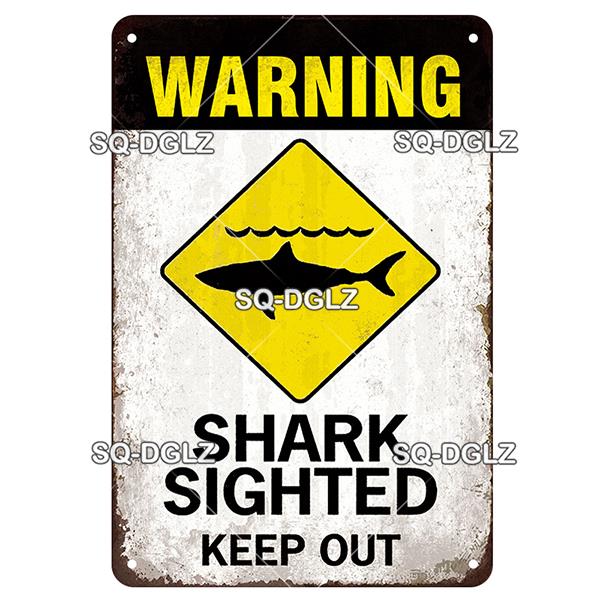 SQ-DGLZ Vintage Metallskylt Varning Haj Poolregler Tennskylt Havsbutiksskylt Hembar Väggdekor Klistermärke Dekorationsplatta Affisch