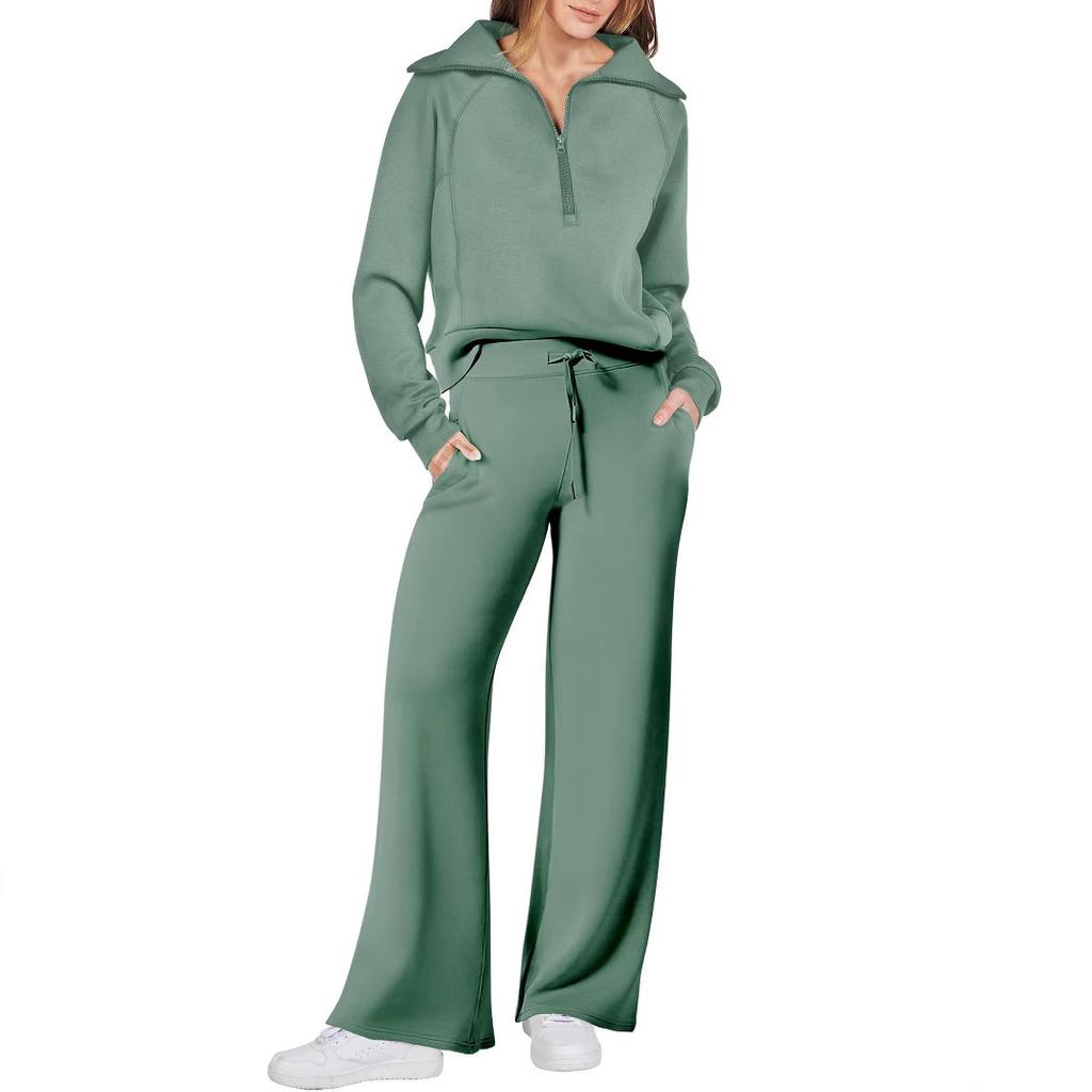 Women's Half Zip Lapel Long Sleeve Sweatshirt Wide Leg Pants Two Piece Tracksuit Solid Loose Casual Loungewear Set