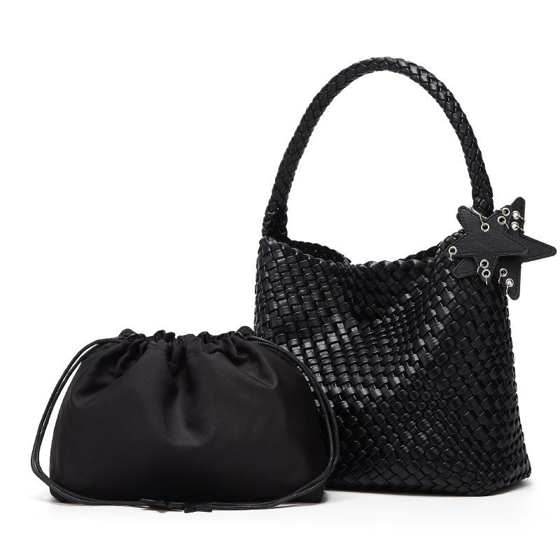 Qiangqiang Champagne Color Handmade Woven Tote: Large Capacity, Lightweight Luxury, Handheld or Shoulder, Mother-Child Bucket Design.
