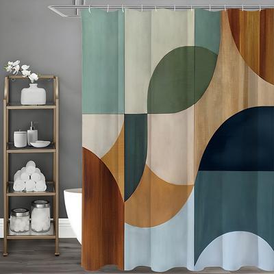 Modern Geometric Creative Pattern Square Half Round Shower Curtain, Bathroom Decorative Shower Curtain, Waterproof Shower Curtai