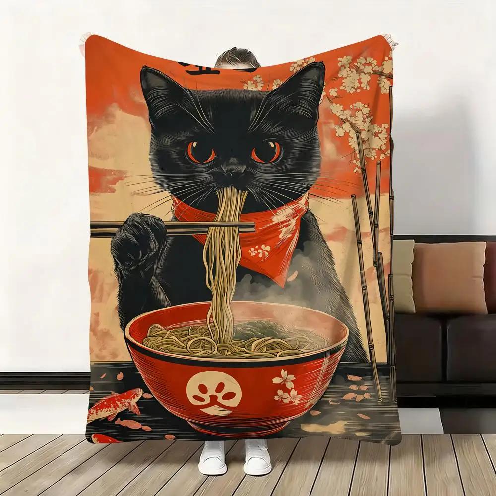 Black Cat Ramen Soft Flannel Blanket  Oversized Warm SkinFriendly Throw for Sofa Bed Office Travel  Winter Comfort