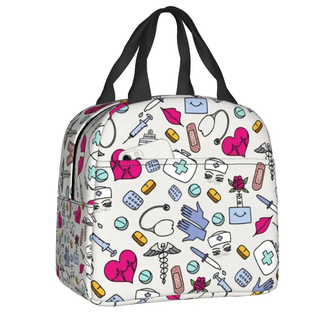 Nurse Tool Pattern Insulated Lunch Tote Bag for Women Nursing Resuable Thermal Cooler Food Lunch Box Work School Travel