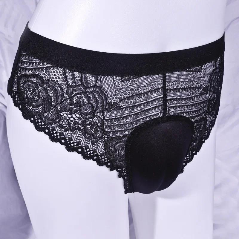 Lace Sheer Sissy Panties Men'S Hiding Gaff Thong Fake Vaginal Padded Shaping Briefs For Crossdressing Transgender Men Underwear