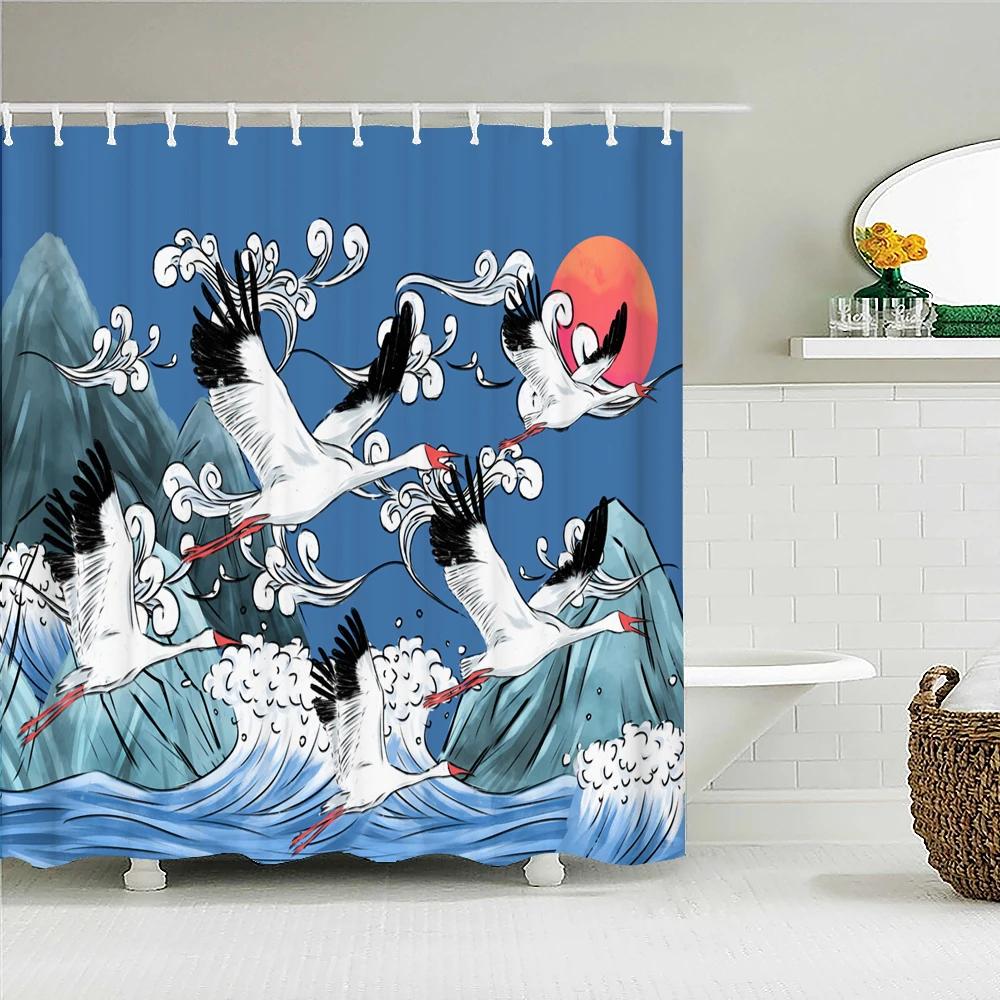 Japanese-style Shower Curtain 3d Ink Painting Bathroom Curtain Waterproof  With Hooks 180*240CM Shower Curtain Polyester Fabric