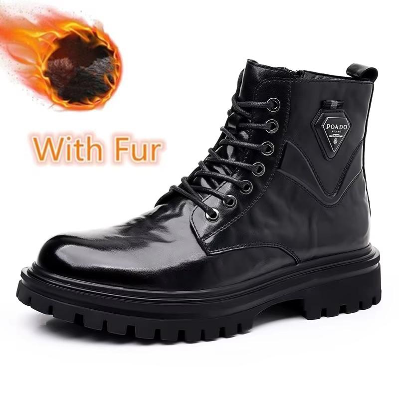 Fashion Casual Leather Ankle Boots Man Round Toe Motocross Boots Outdoor Plus Velvet High Top Shoes Warm Plush Fur Winter Boots for Men