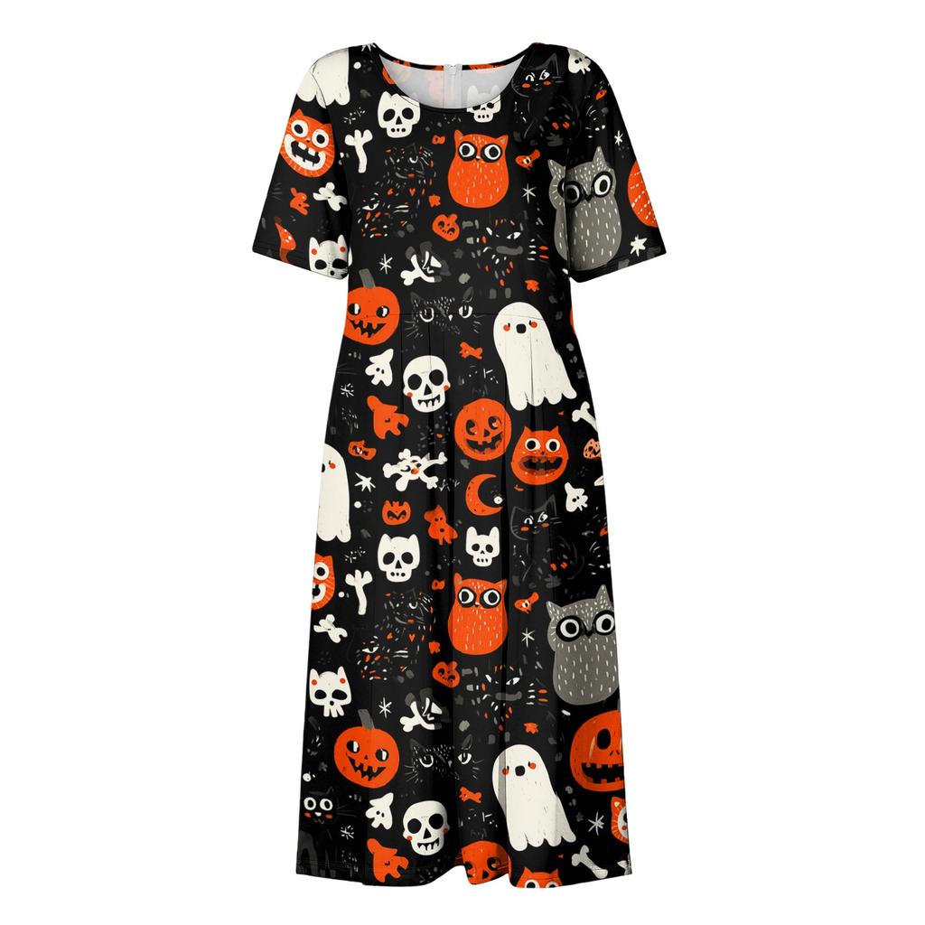 Women's Halloween Printed Casual Dress - Round Neck with Pockets, Relaxed Fit for Women