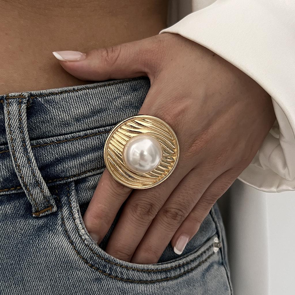 Punkové Exagerované Nepravidelné Kovové Široce Otevřené Nastavitelné Prsteny pro Ženy Imitace Perly Geometrické Prsteny na Prst Pánské Šperky