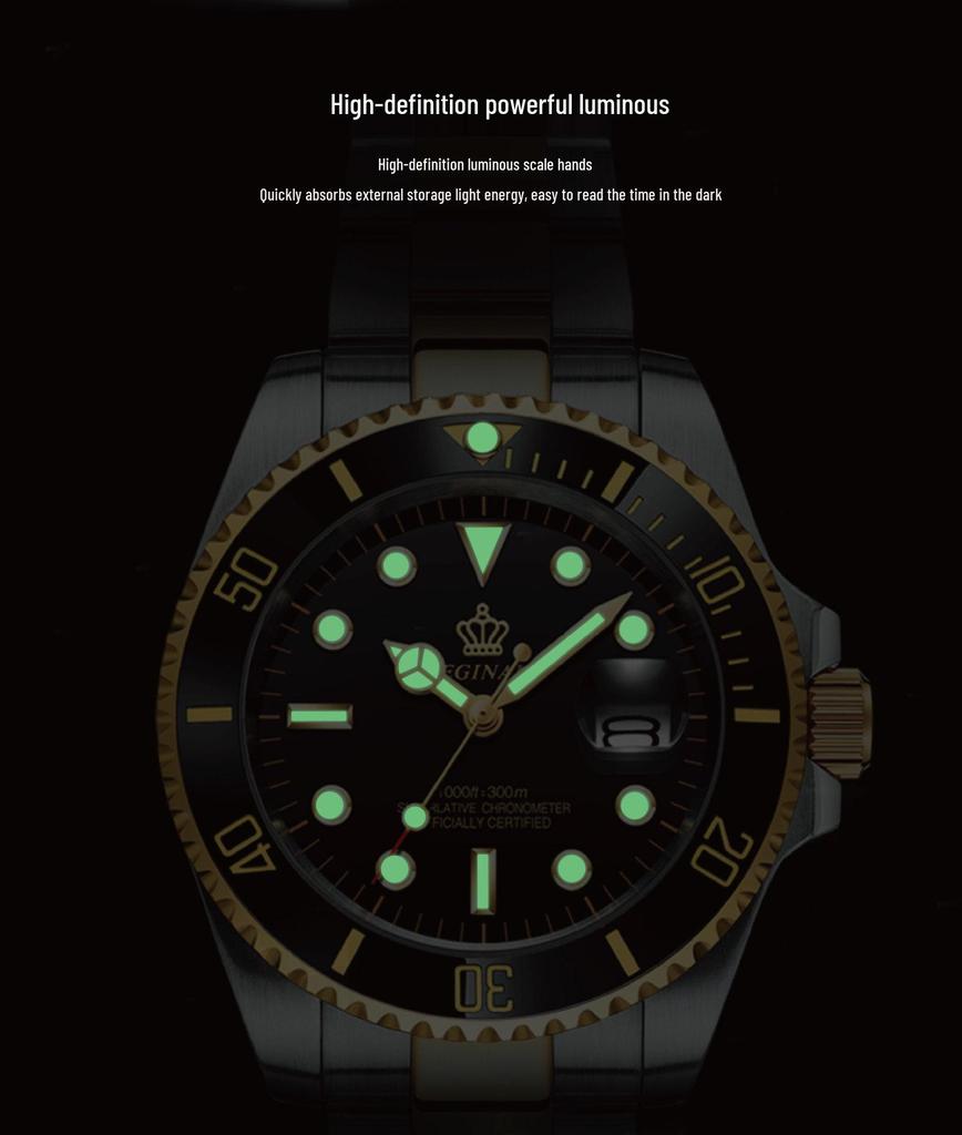 Men's Green Submariner Quartz Sport Watch, Steel Band, Date Feature, Luminous, Waterproof, Student, Rotating Bezel.