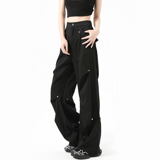Cargo Pants for Women High Waist Wide Leg Solid Color Straight Overalls with Pockets Casual Drawstring Retro Loose Trousers
