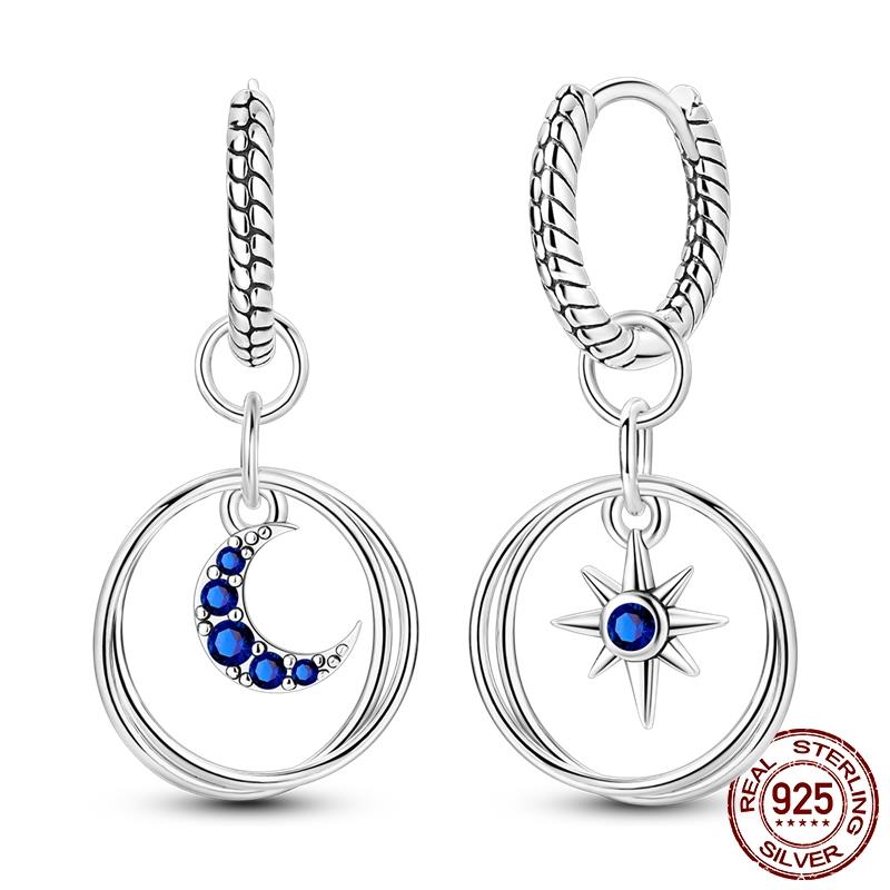 Luminous Shell Women Earrings Original 925 Sterling Silver Pave CZ Star Moon Hoop Earrings Engagement Wedding Jewelry