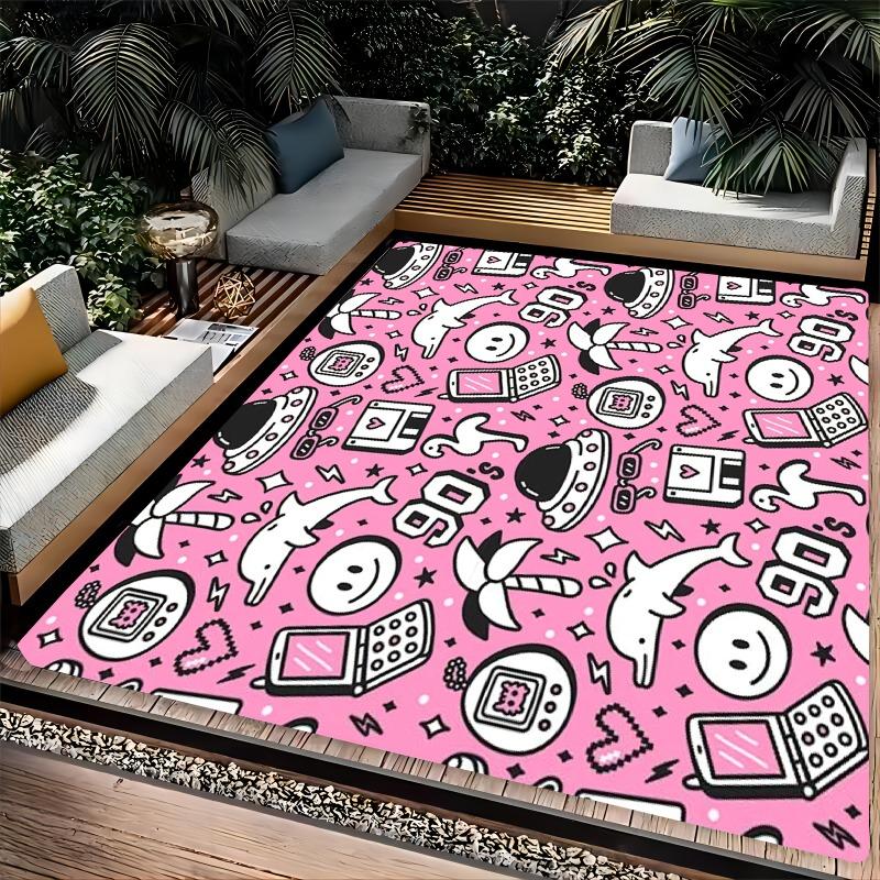 Pink Carpet Fashionable and Joyful Face Geometric Cartoon Printed Rug Machine Washable and Non Slip Decorative Living Room Mat