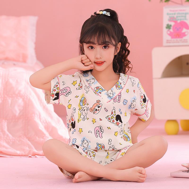 Girls' Summer Cloud Cotton Pajama Set - Short Sleeve V-Neck, Light Two-Piece Homewear