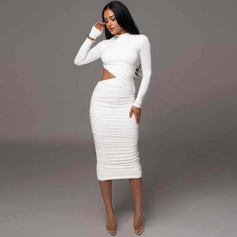 Women's Solid Color Crew Neck Long Sleeve Hollow Pleated Patchwork Bag Hip Sexy Spice Girl Party Dress