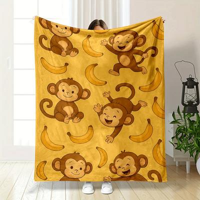 Cute Monkeys and Bananas Are Scattered On a Yellow Background. for All Seasons Blanket Lunch Break Throw Gift