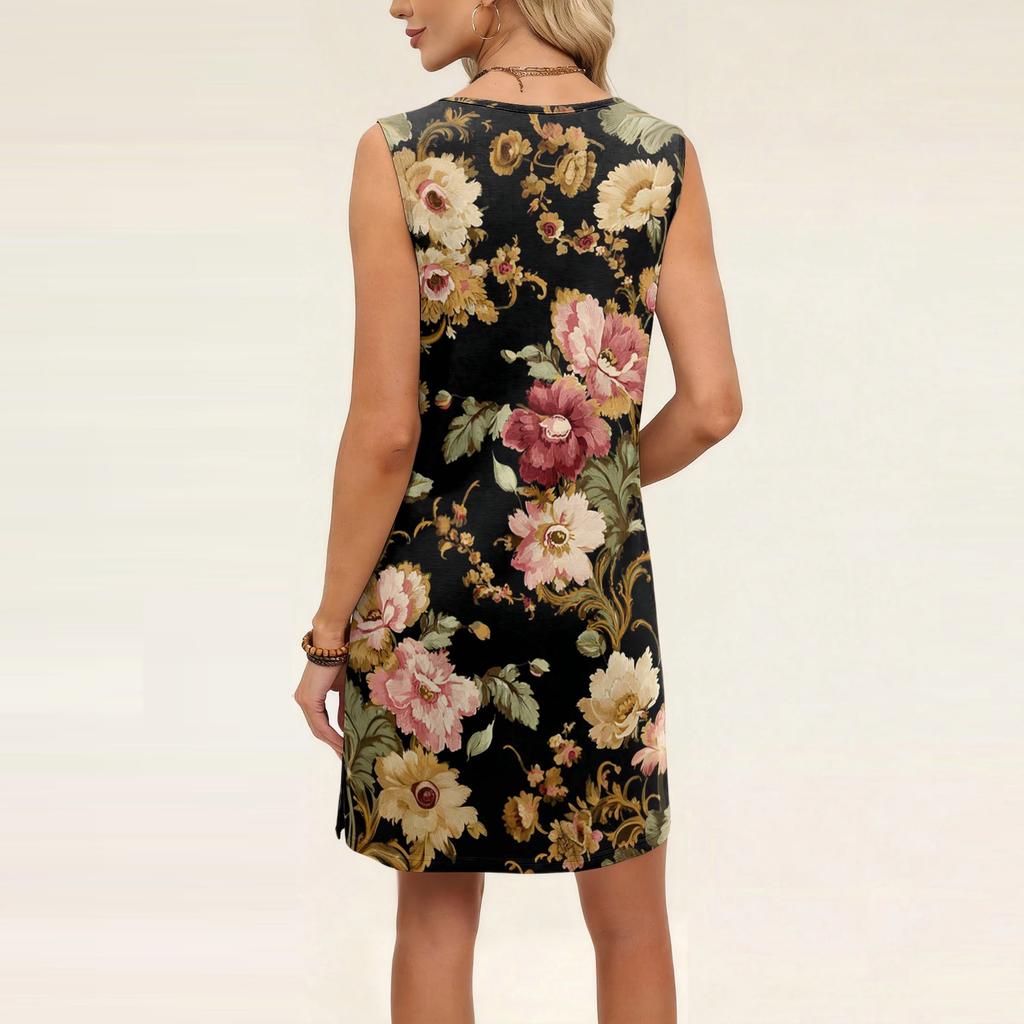 Sleeveless Floral Print Casual Dress for Women Loose Fit Round Neck Summer Lightweight Sundress with Pockets