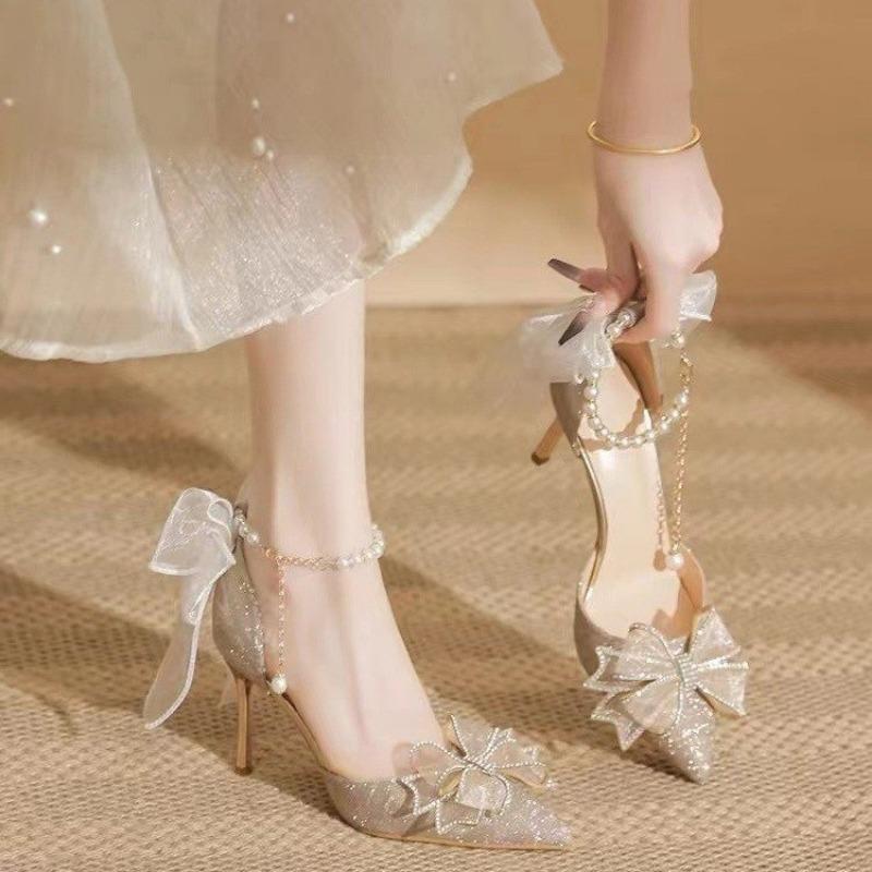 Women S Sequined Pointed Toe Bow One Strap Bridal High Heel Sandals