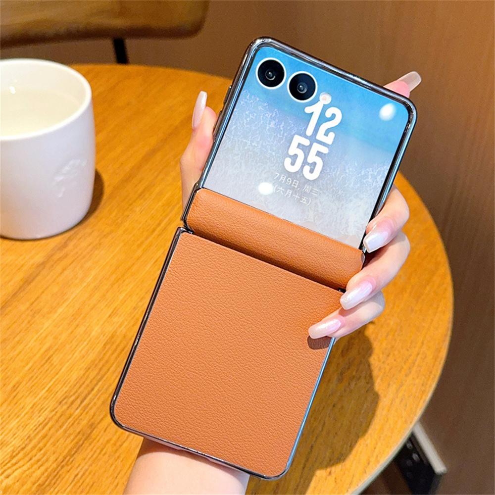 Solid Color Phone Case For Samsung Galaxy Z Flip 7 5G Leather PC Hard Shell Hinge Protective Flip7 Back Cover
