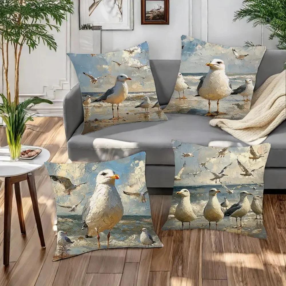 Home Decor Seagulls On Beach Coastal Art Pillow Covers Pattern Cushion Cover Suitable For Sofa Bedroom Car Pillow Cover