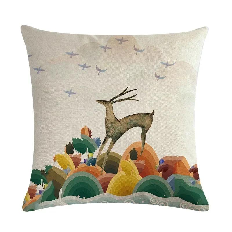 Nordic Cartoon Moose Art Oil Painting Linen Cushion Cover Living Room Sofa Car Decoration Furniture Pillow Cover 45*45Cm