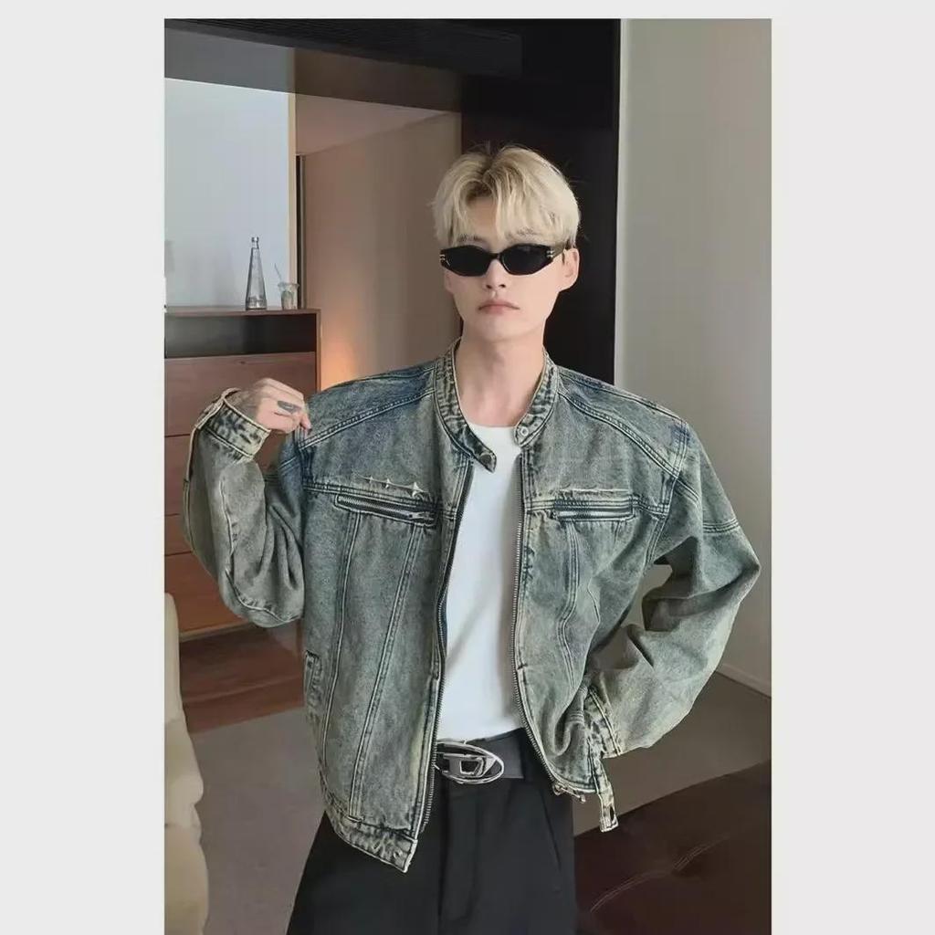 2023 Men's Trendy Vintage Denim Jacket: High Street Short Design, Stand Collar, Zipper, and Shoulder Pads for Autumn