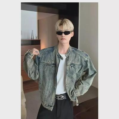 2023 Men's Trendy Vintage Denim Jacket: High Street Short Design, Stand Collar, Zipper, and Shoulder Pads for Autumn