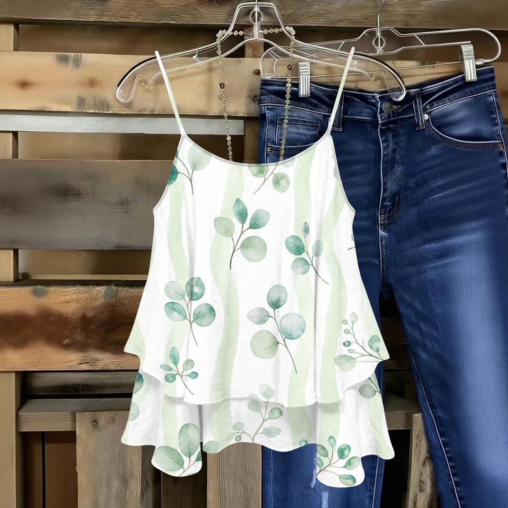 Women Sleeveless Floral Print Double Layer Camisole Top Lightweight Spaghetti Strap Summer Blouse Casual Loose Fit Shirt