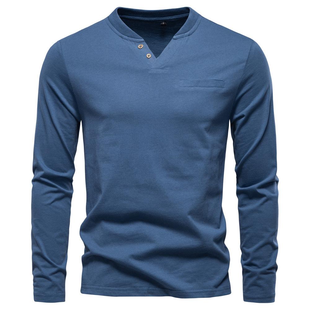 Jesień Nowy Męski Casualowy T-shirt z dekoltem w serek z długim rękawem Slim Koszulka bazowa T-shirt z czystej bawełny Top