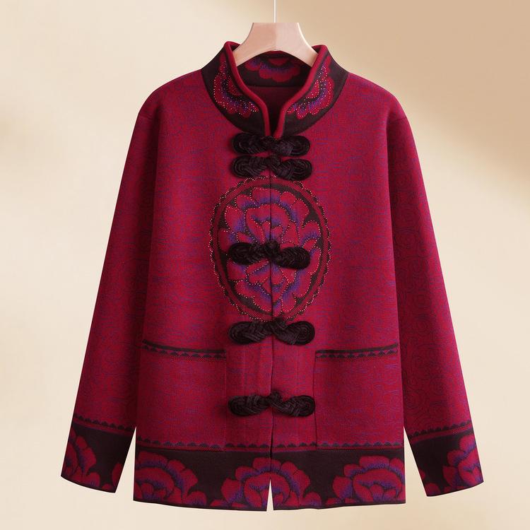 Middle-aged and Elderly Mothers with Velvet Year of Zodiac Tops for Seniors Grandma Spring and Women Knitted Sweater for New Year's Jacket